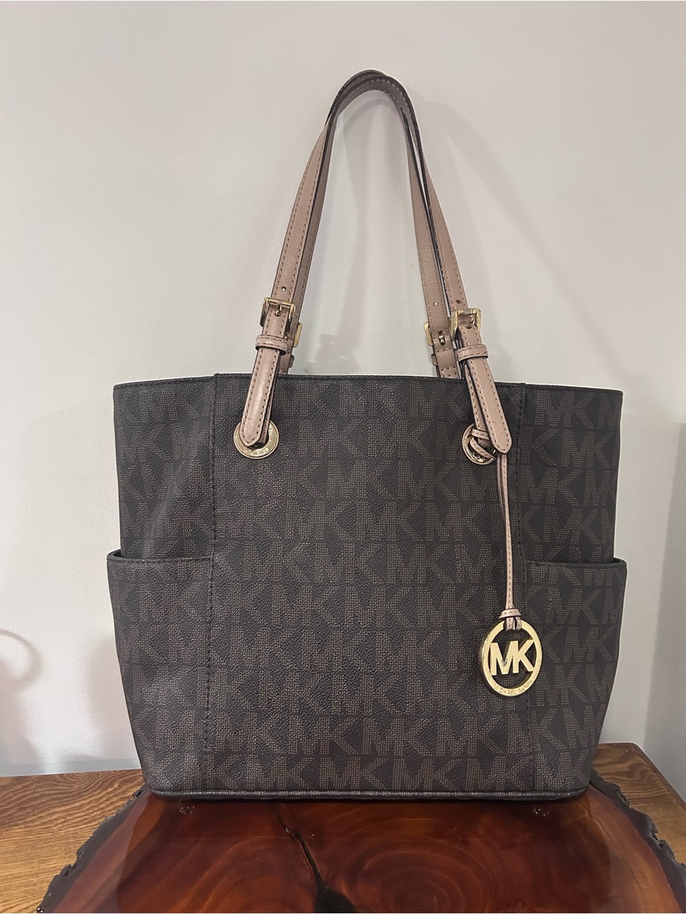 Michael Kors Dark Brown Signature Tote with Light Beige Straps